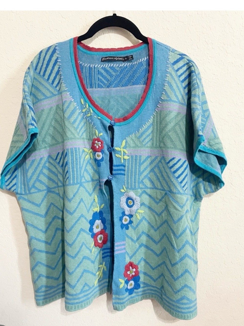 Gudrun Sjodren Embroidered Floral Short-Sleeve Cardigan - Turquoise Blue XL